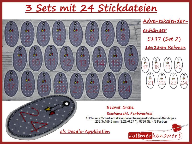 Stickdatei-Set 24 Adventskalenderzahlen Anhänger für Adventskalender im Doodle-Rahmen 1-24 für 16x26cm Stickrahmen S197-set-02